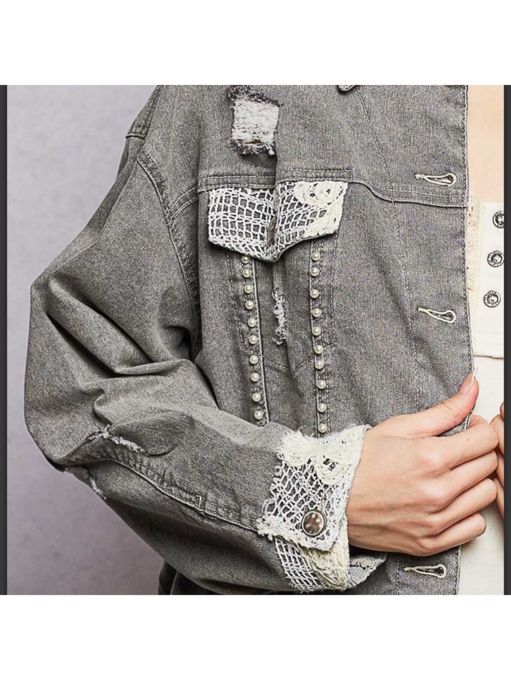 💕POL Distressed Gray Women's Denim Jacket with Pearl Accent - Picture 8 of 10
